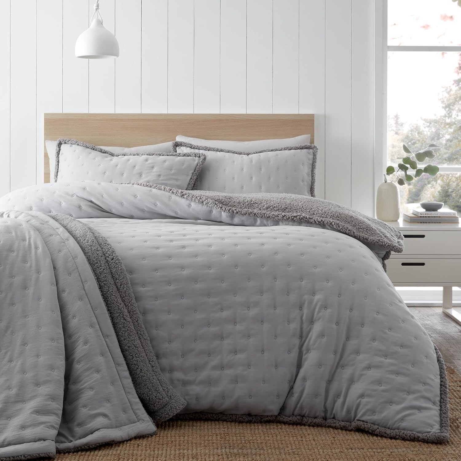 Catherine Lansfield Nori Sherpa Duvet Cover Double Quilt Bedding Set Silver Grey - Image 2