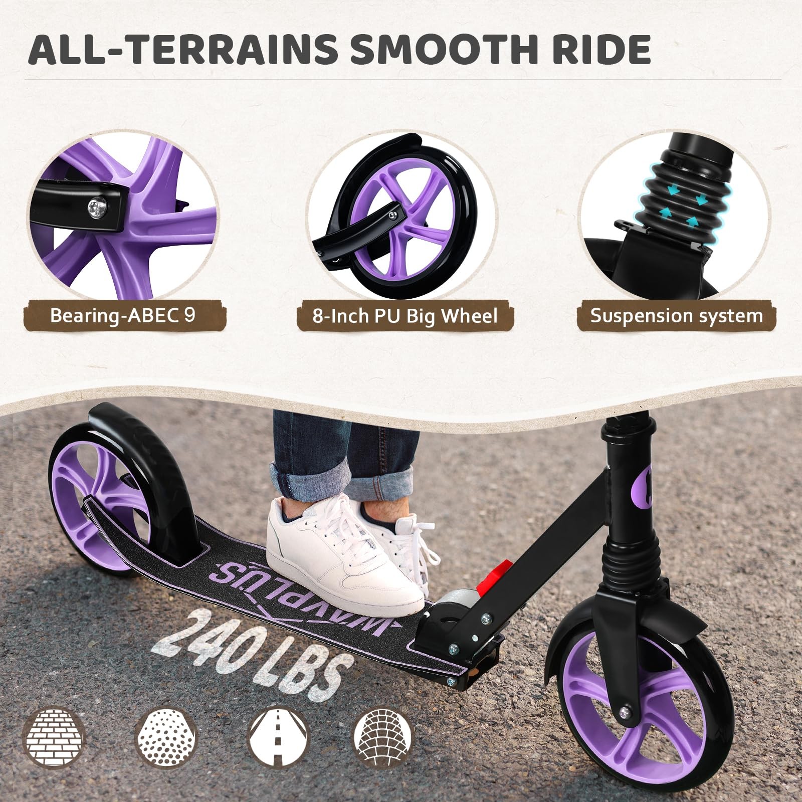 WAYPLUS Kick Scooter for Ages 6+,Kid, Teens  Adults. Max Load 240 LBS. Foldab...