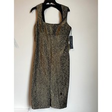 Aidan Mattox Black Gold Stretch Jacquard Midi Dress Square Neck NWT Sz 6 Defect