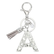 Initial Letter Keychain with Tassel, Alphabet Letter A Keyring, Silver
