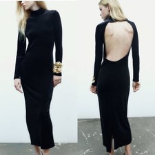Zara Black Open Back Mock Neck Velvet Midi Length Dress SIZE MEDIUM