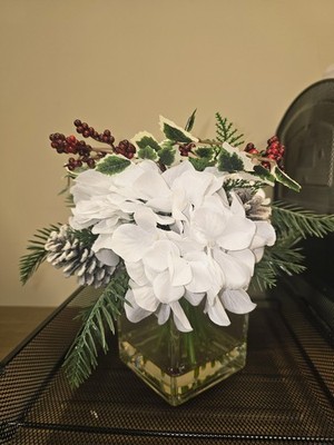 Artificial Hydrangea Christmas Arrangement in Glass Vase, 12 in
