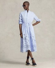 Polo Ralph Lauren Light Blue Eyelet Midi Shirt Dress Long Sleeve Scallop Hem 0