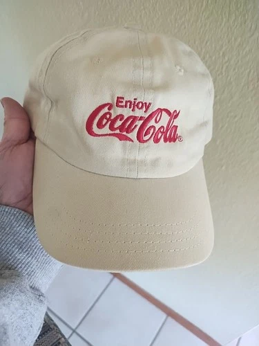 Vtg Enjoy Coca-Cola Hat Strapback Baseball Cap Cream White Red Embroidery USA