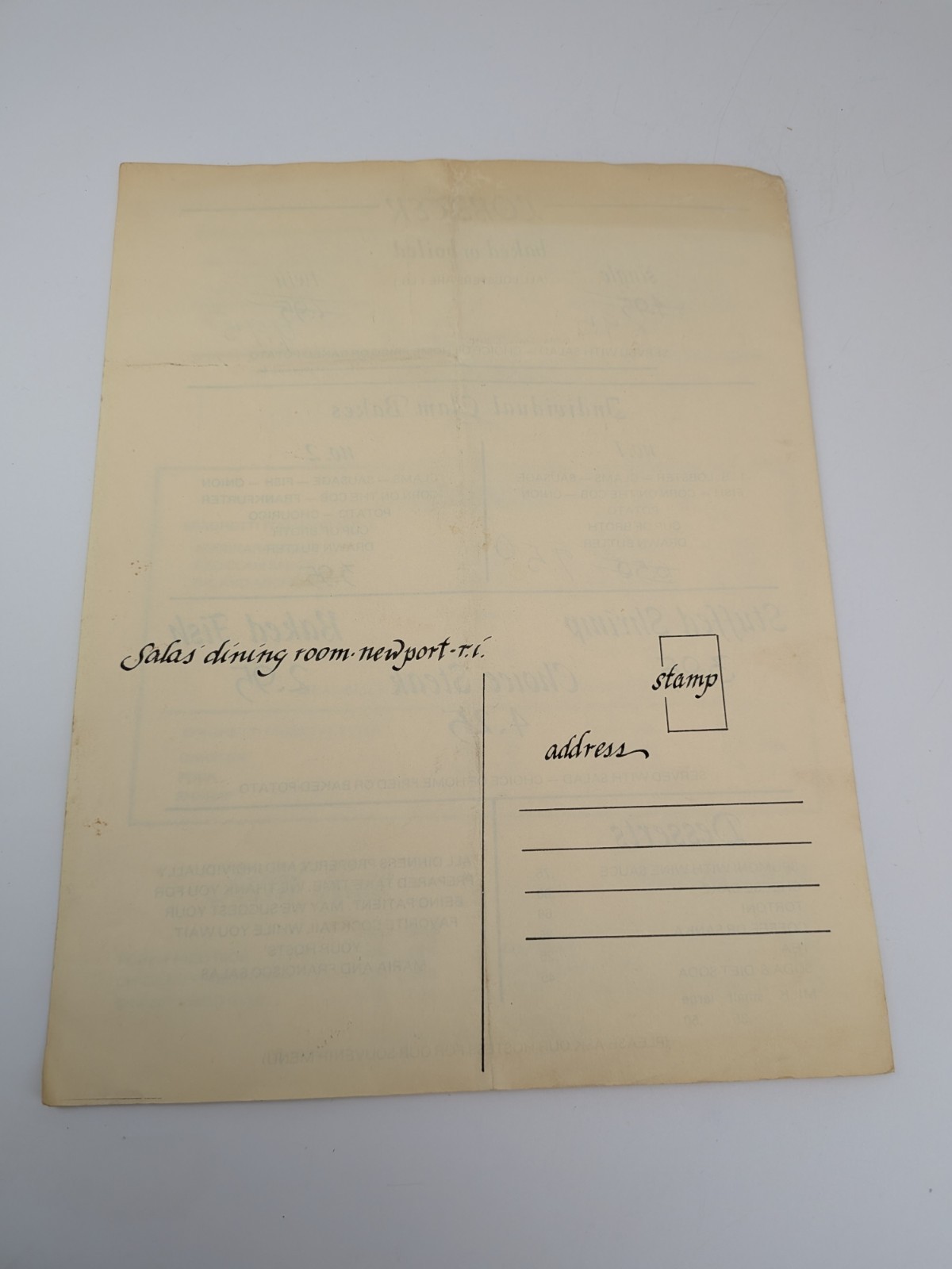 Vintage Restaurant Menu Salas Dining Room Newport Rhode Island