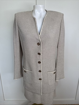 St. John Collection Sz 10 Two Piece Business Skirt Suit Ivory Metallic Textured