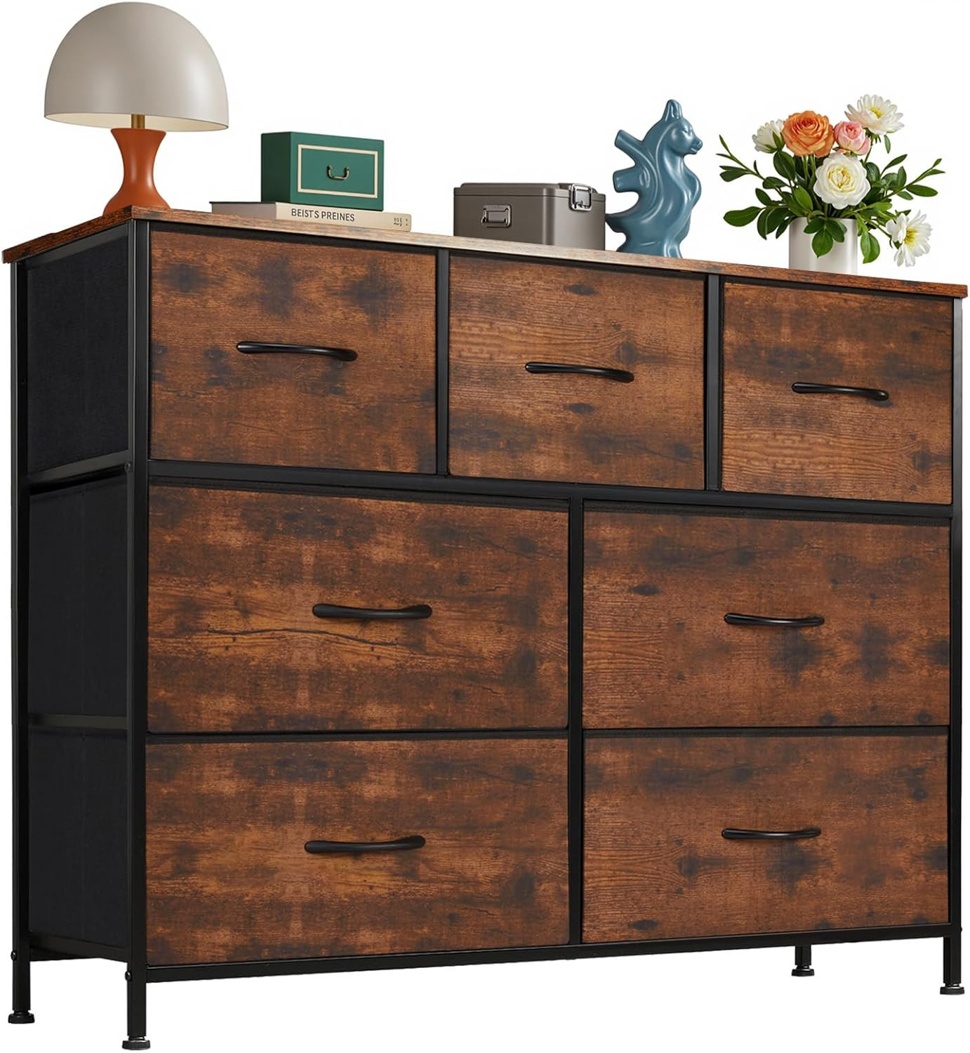 7 Drawer Dresser for Bedroom, Wide Fabric Storage Tower with Wooden Top and Meta