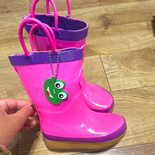 Western Chief Girls Rain Boots Size 8 Pink Purple Frog Charm Pull-On Handles