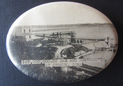 1913 Celluloid Advertising Pocket Mirror $27 Mil Dam + Powerhouse at Keokuk Iowa