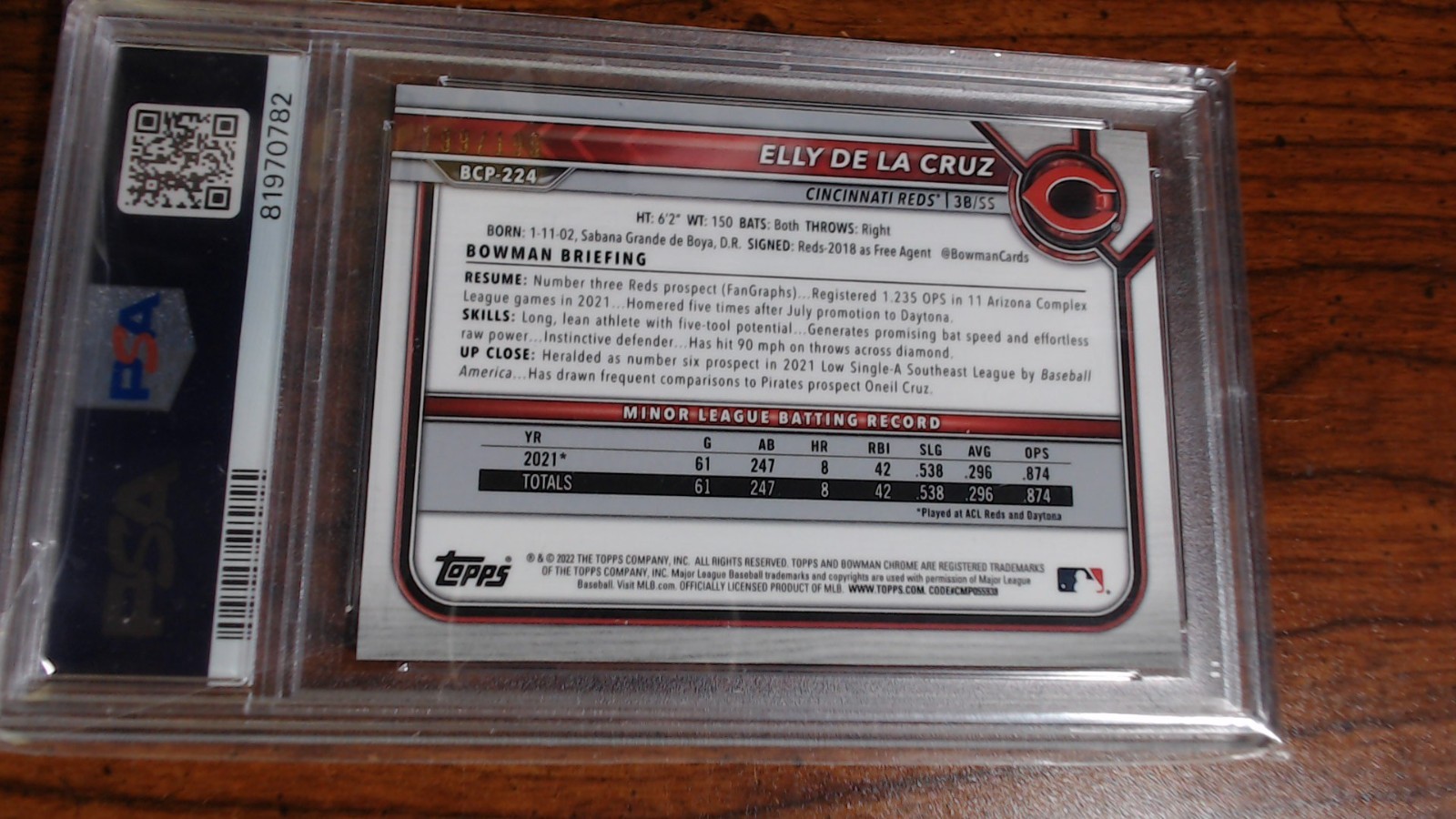 Elly De La Cruz-2022 BOWMAN CHROME PROSPECTS | PINK REFRACTOR-199/199 -PSA 9 view 4