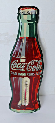 Vintage Coca-Cola Bottle Thermometer Tin Sign Soda Pop Works 17''