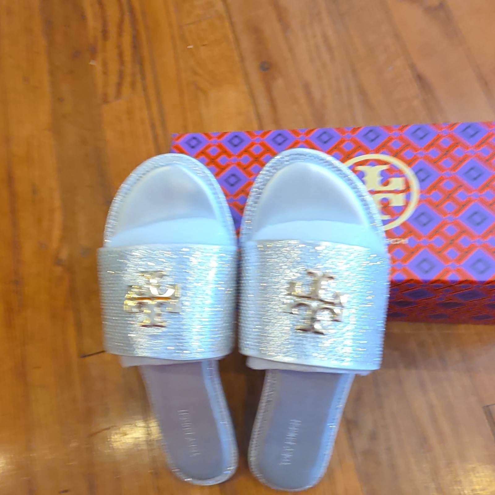 Tory Burch Silver Logo Slide Sandals Women's Size EU 39 Slip On thumbnail 6