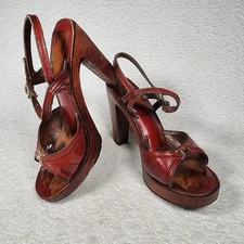 VTG 70's BareTraps Strappy Wood & Leather Heel Sandals Ankle Strap Hippy Size 5