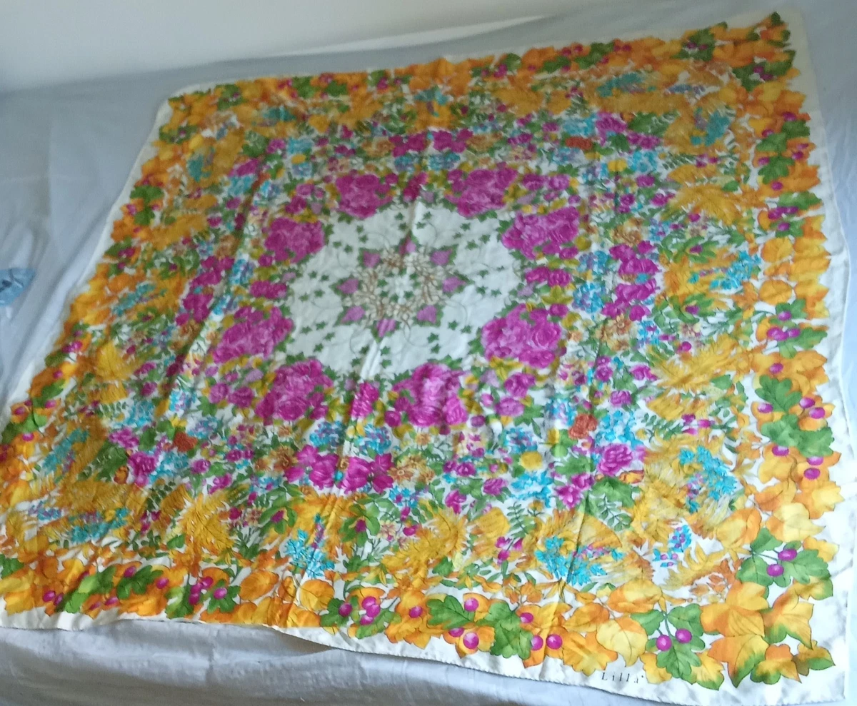 Grand Foulard (châle) En Soie Vintage - 107 X 115 Cm, Couleur Orange, Motif Régiment