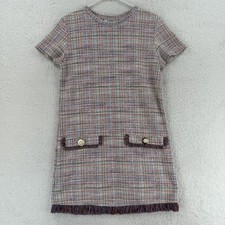Zara Dress Womens Medium Multicolor Tweed Plaid Short Sleeve Shift Fringe Hem