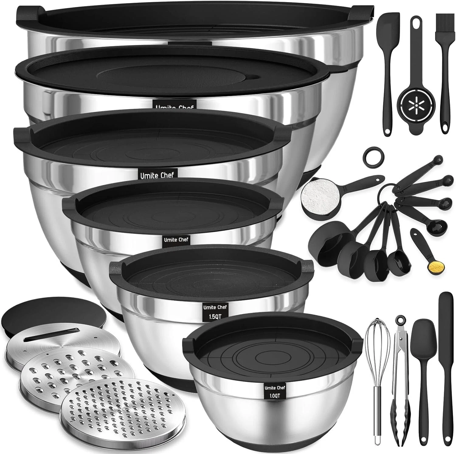 Mixing Bowls W/Airtight Lids Set 26PCS Stainless Steel Bowls Grater Set, Black
Opens in a new window