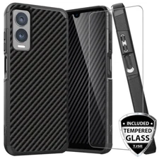 For Cricket Debut S3 Case Hybrid Carbon Fiber TPU Armor Cover +Tempered Glass