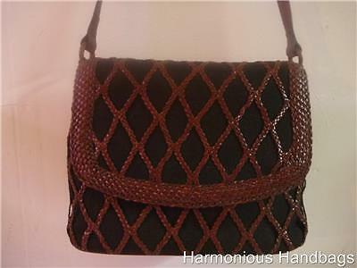 TALBOTS Small BLACK Fabric & BROWN Leather Trim WOVEN CrossBody Handbag VINTAGE!