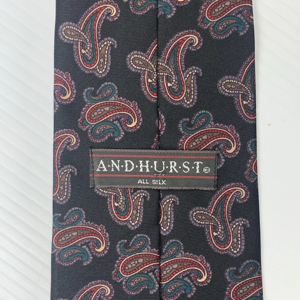 ANDHURST Silk Necktie Mens Size 3 7/8" x 58 1/2" Black Red Green Paisley Tie Dad - Image 4 of 4