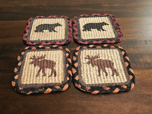 Bear Moose Rustic Lodge Cabin Woven COASTERS Set 4