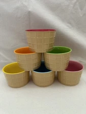 6 Ceramic Ice Cream Bowl Set Yellow, Orange, Yellow, Blue, Red, Green & Pink