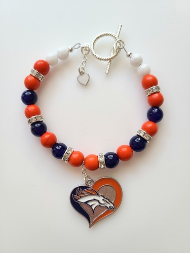 Bracciale calcio Denver Broncos arancione e blu pietre preziose strass chiusura argento - Foto 8 di 11