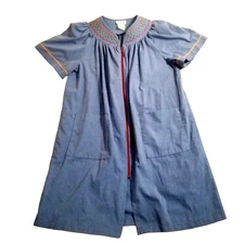 Smart Time Vtg House Dress 1X Mumu Full Zip Pockets Embroidered Lounge Duster