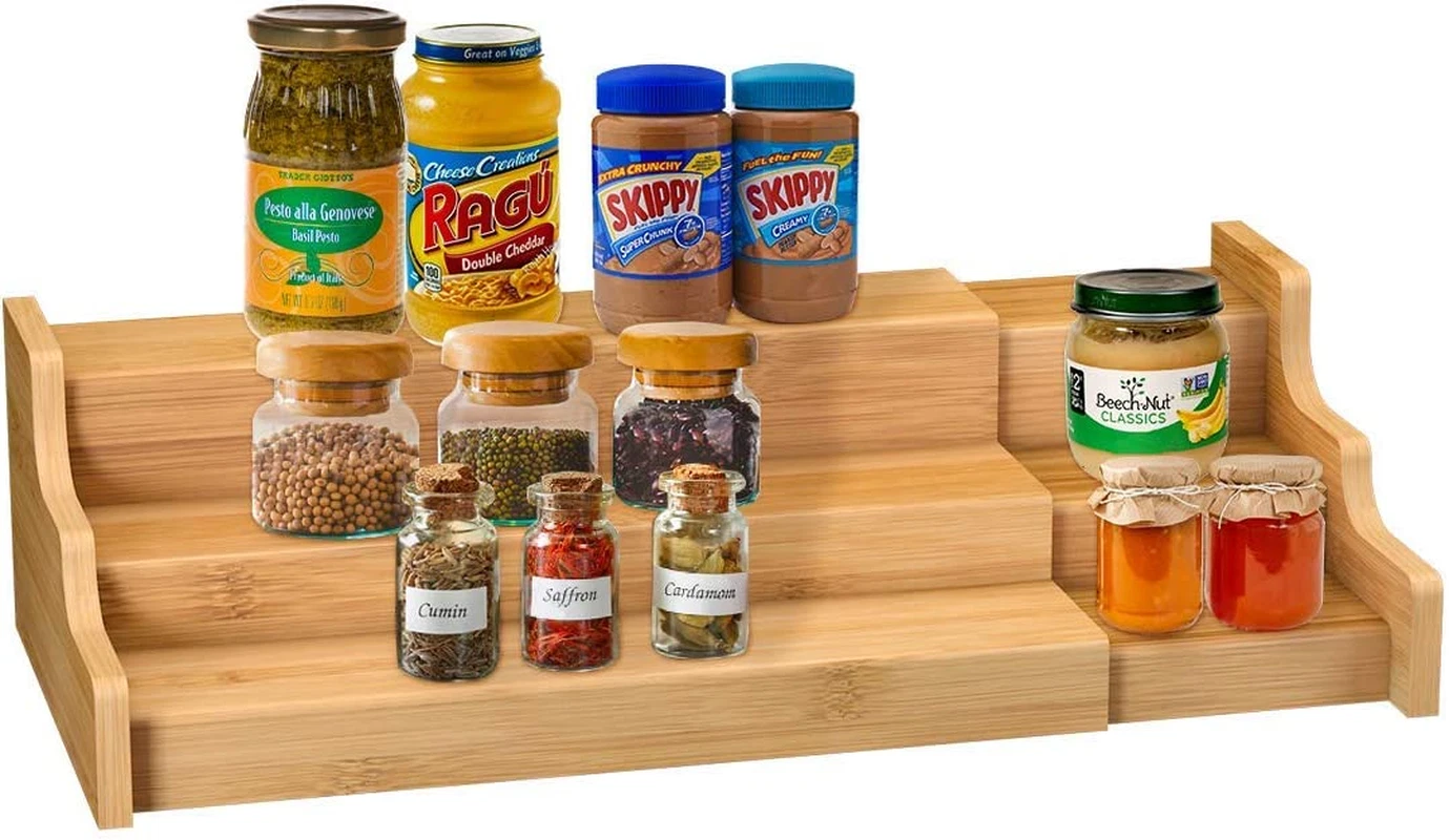 Spice Rack Kitchen Cabinet Organizer - 3 Tier Bamboo Expandable Display Shelf