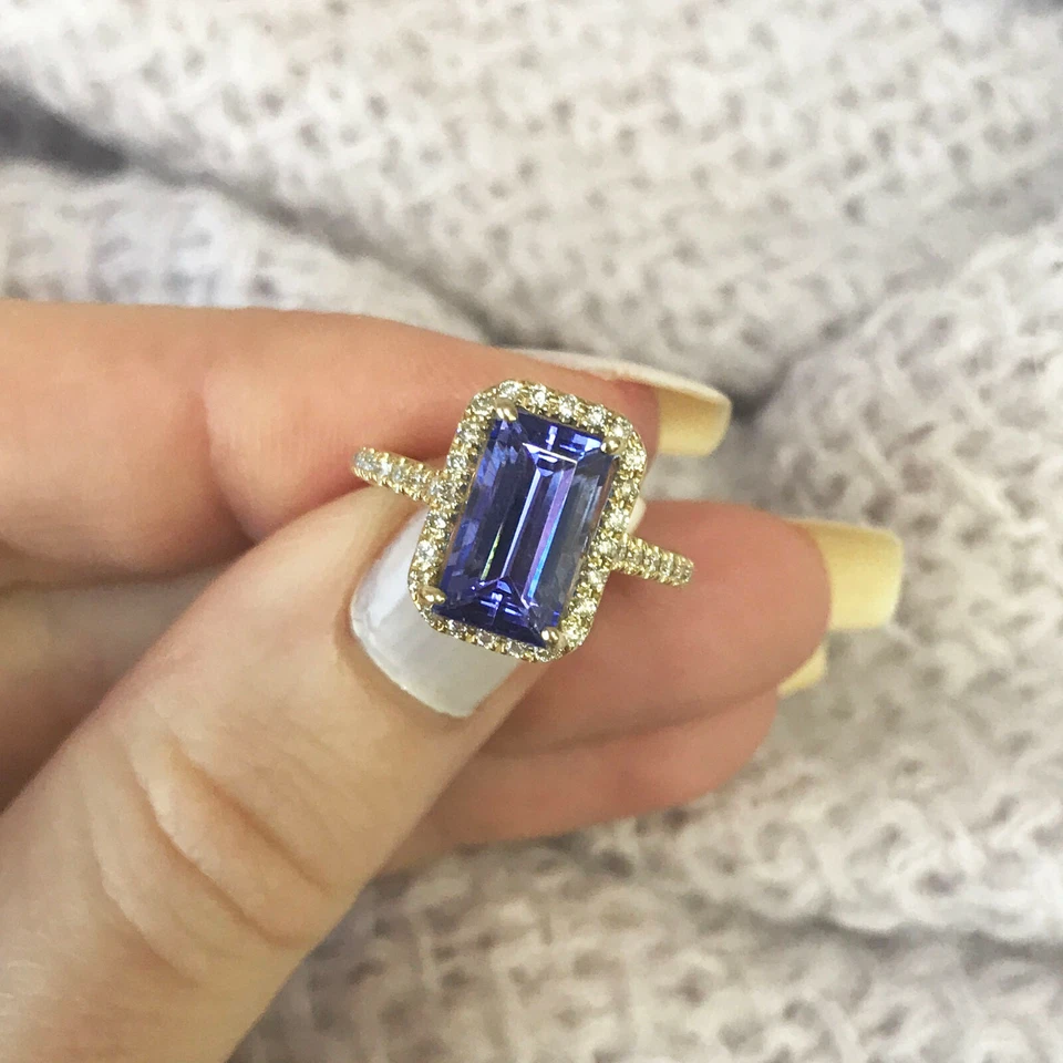 Anel de noivado halo ouro amarelo 14k sólido tanzanita natural e diamante 3,2 ctw - Imagem 3 de 4