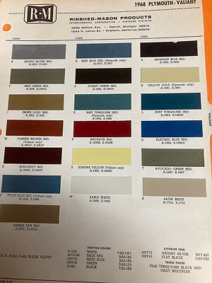 1968 PLYMOUTH AUTOMOTIVE R & M, Exterior Paint Color Chip Chart Sheet ORIG