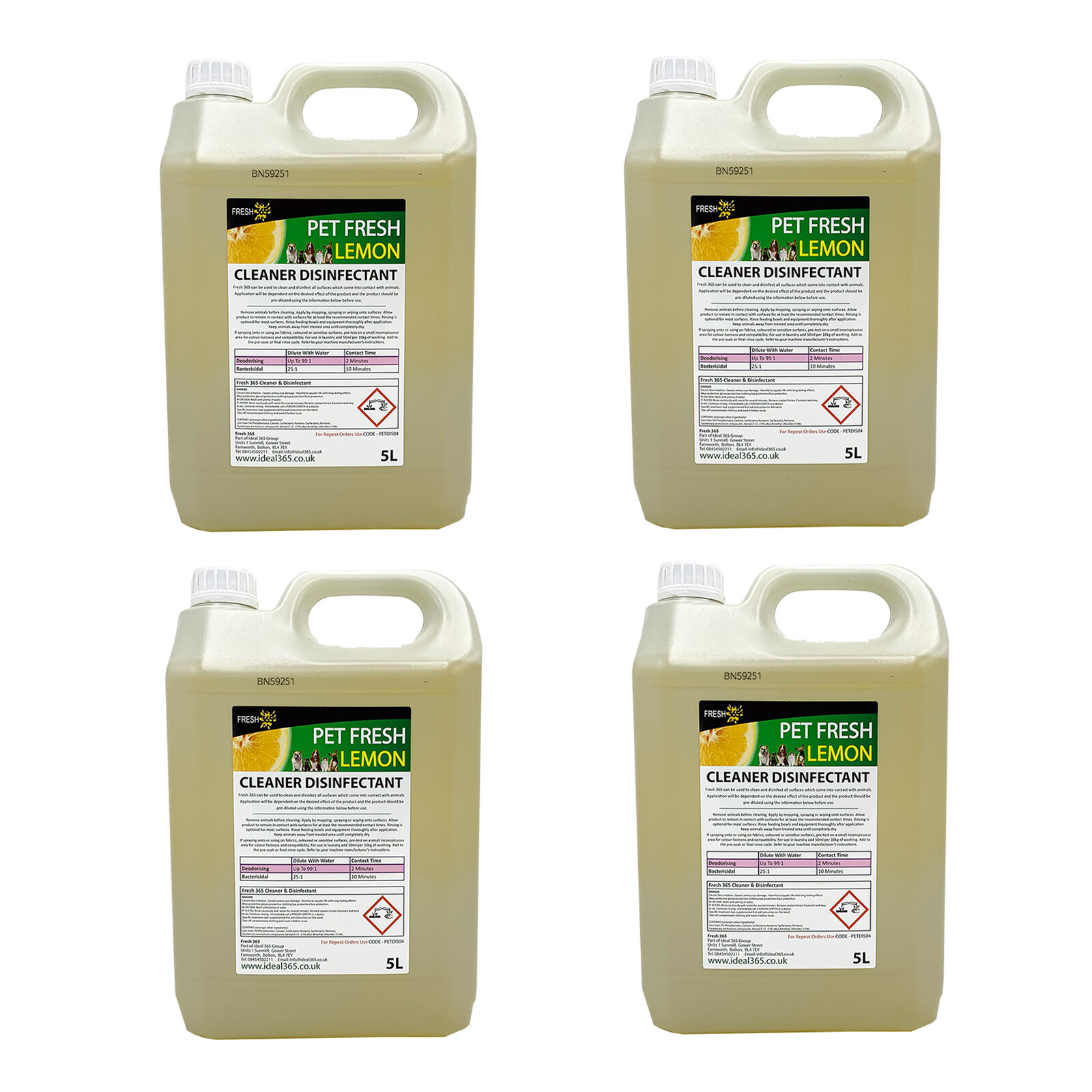 4 x FRESH 365 5L Pet Friendly Dog Cat Disinfectant Cleaner & Deodoriser