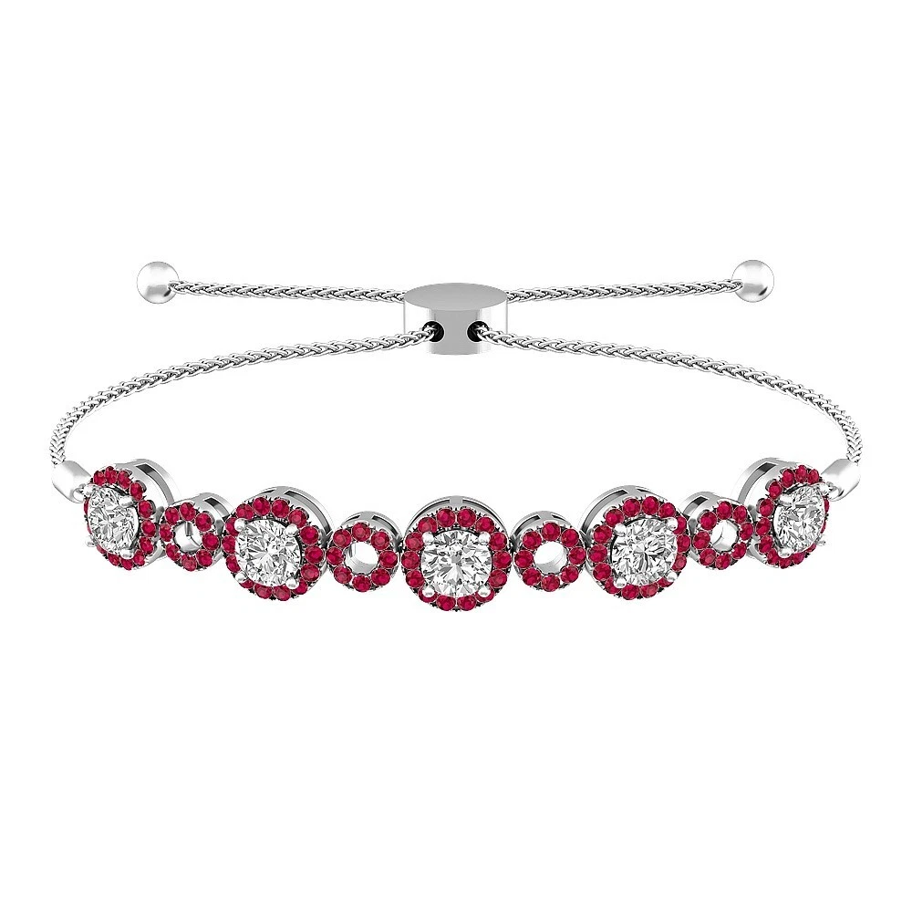 VALENTINO Bracciale Bolo Regolabile 3 CT Creato in Laboratorio Diamanti Rubini Placcato Oro Bianco 14K
