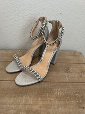 Jewel Badgley Mischka Mayra Silver Sandal Embellished Crystals Block Heel Sz 8.5