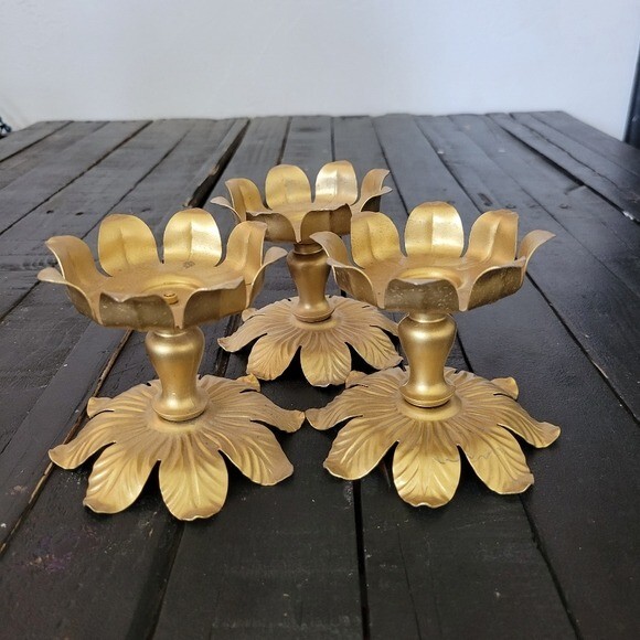 Vintage Lot of 3 Brass Flower Candle Holder Gold Gild Ornate MCM Gilt