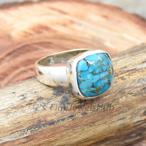 Blue Copper Turquoise Ring, 925 Sterling Silver Ring, Cushion Gemstone Ring - Picture 2 of 9