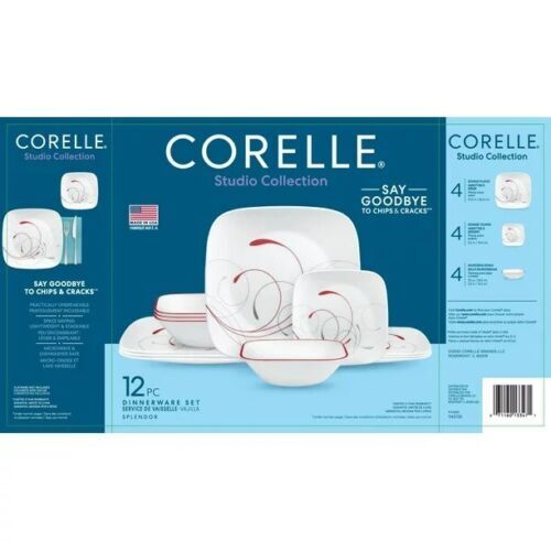 Corelle Splendor Square 12 Piece Lunch Dinnerware Set, White, Red and Gray eBay