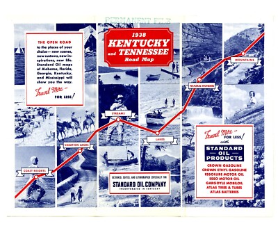 Vintage 1938 Kentucky & Tennessee Road Map   Std. Oil of Kentucky (KYSO)
