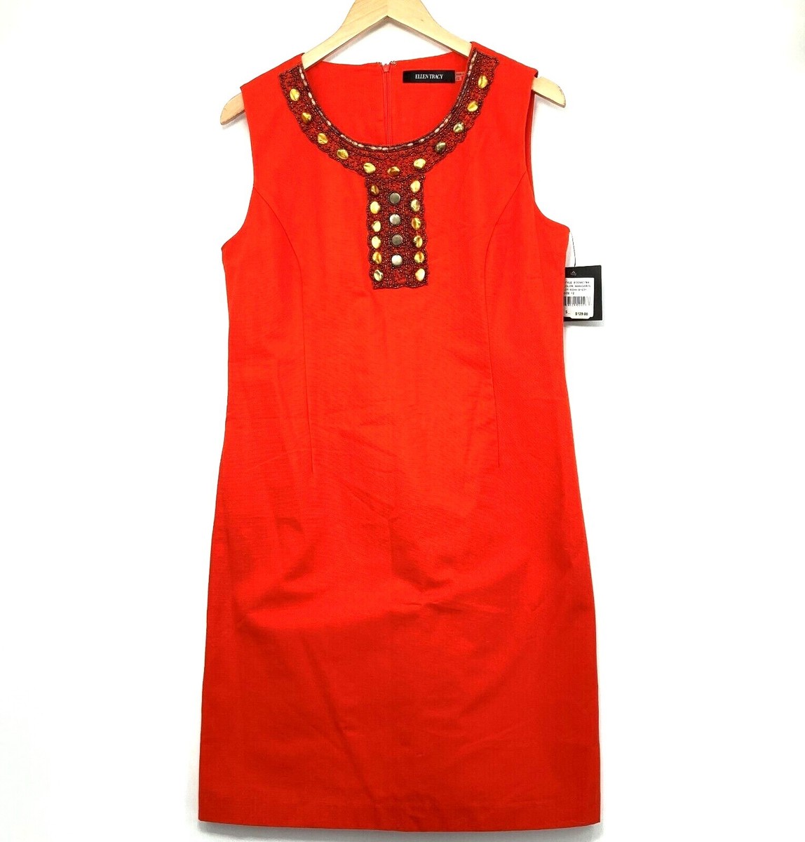 Ellen Tracy Women Red Sleeveless Round Beaded Neck Back Zip Shift Dress  Size 12