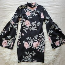 Guess Black Floral Scuba Mini Dress Womens Size Small Kimono Sleeve Stretch 