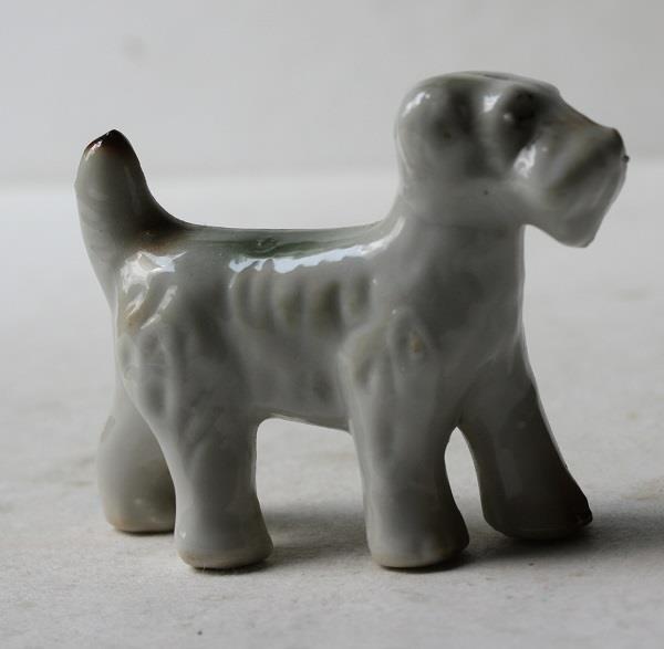 Terrier Dog Figurine Standing White Black Brown Spots Ceramic Hand Painted ---