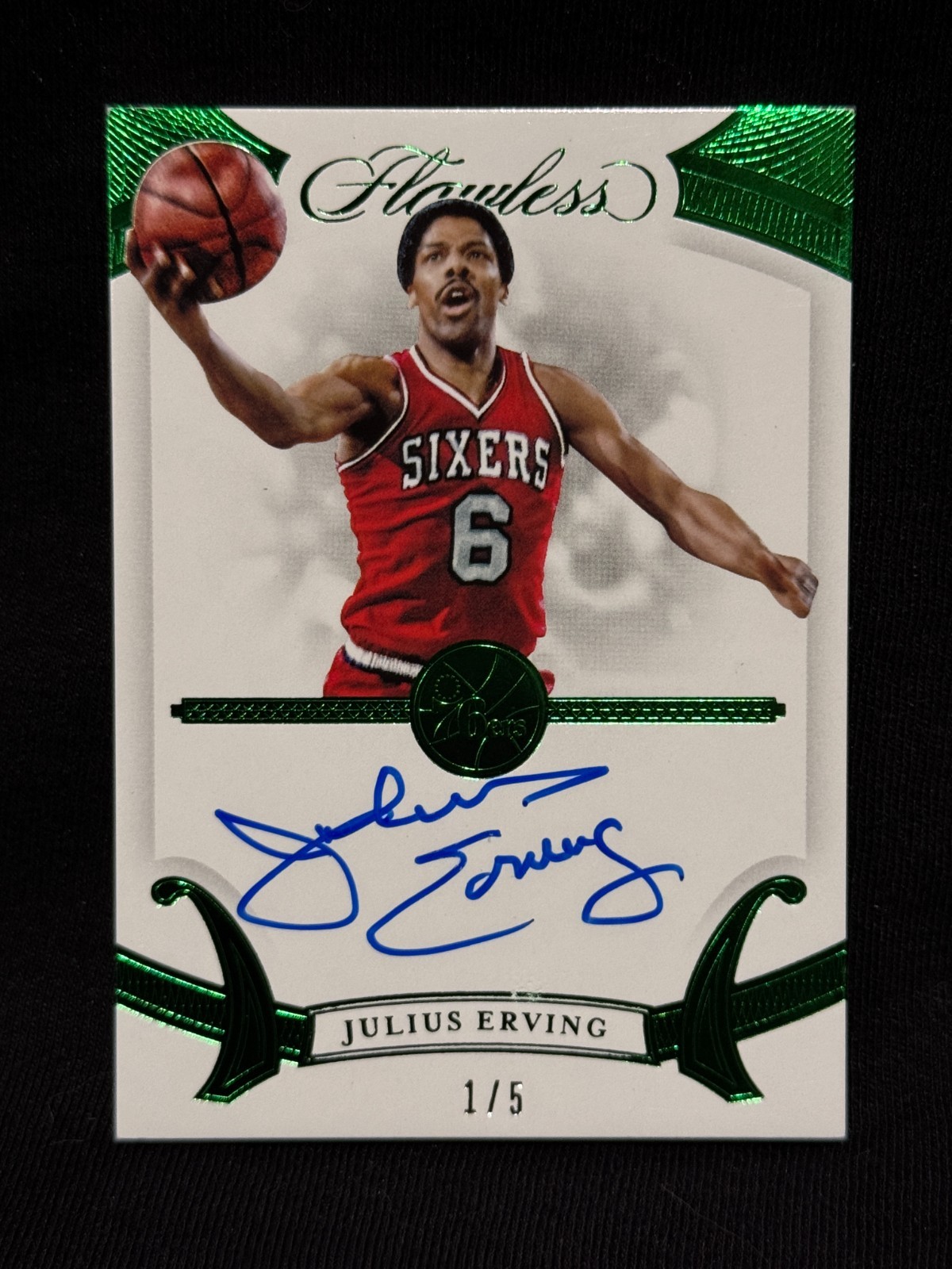 JULIUS ERVING 76ERS 2019 20 PSNINI FLAWLESS EMERALD GREEN ON CARD AUTO # 1/5