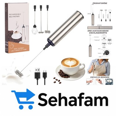Lixstyea Elektrischer Milchaufschäumer Stab - USB Aufladbar, 3 Aufsätze, Silber