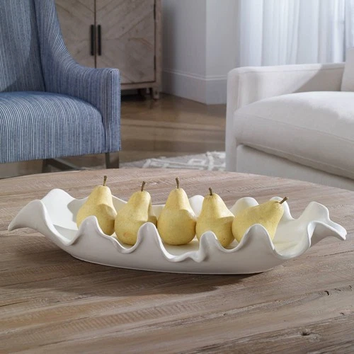 Ruffled 24" Wide Matte White Glaze Ceramic Feather Bowl - Picture 1 of 5