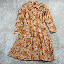 VTG 70s Kay Windsor Dress Women 12 Orange Geometric Bow High Neck Knit Fit Flare