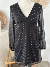 Old Navy Dress Babydoll Black Silver V Neck Long Sleeve Waist Ties Short Small S