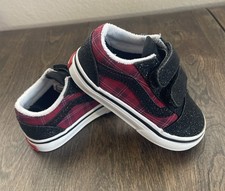 Vans Old Skool V Toddler Glitter Plaid Size 5.0 Black Hook Loop Sneakers Shoes