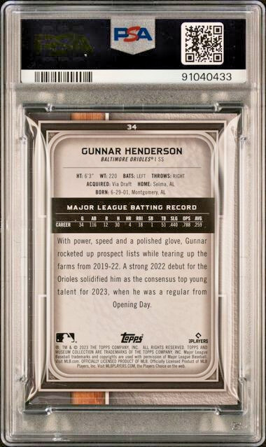 2023 Topps Museum Collection /299 Gold Rookies #34 Gunnar Henderson RC SP PSA 8 view 2