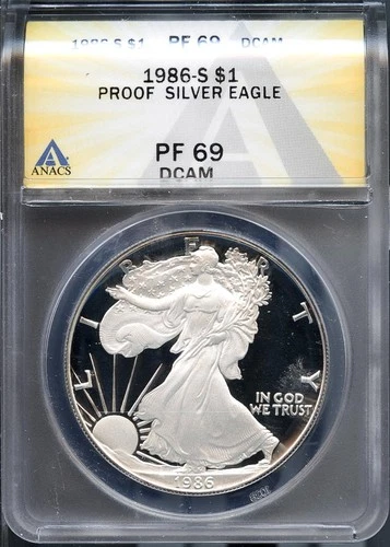 1986-S 1oz .999 Silver American Eagle PF 69 DCAM ANACS # 7959599 + Bonus