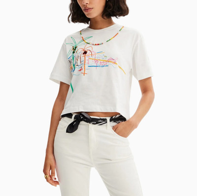 Desigual Damen T-Shirt weiß bedruckt Cropped Baumwolle Gr. XS 23SWTKCC