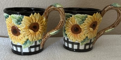 2 Vintage Fitz and Floyd Yellow Country Sunflower Plaid Mugs- 1992 Farmhouse